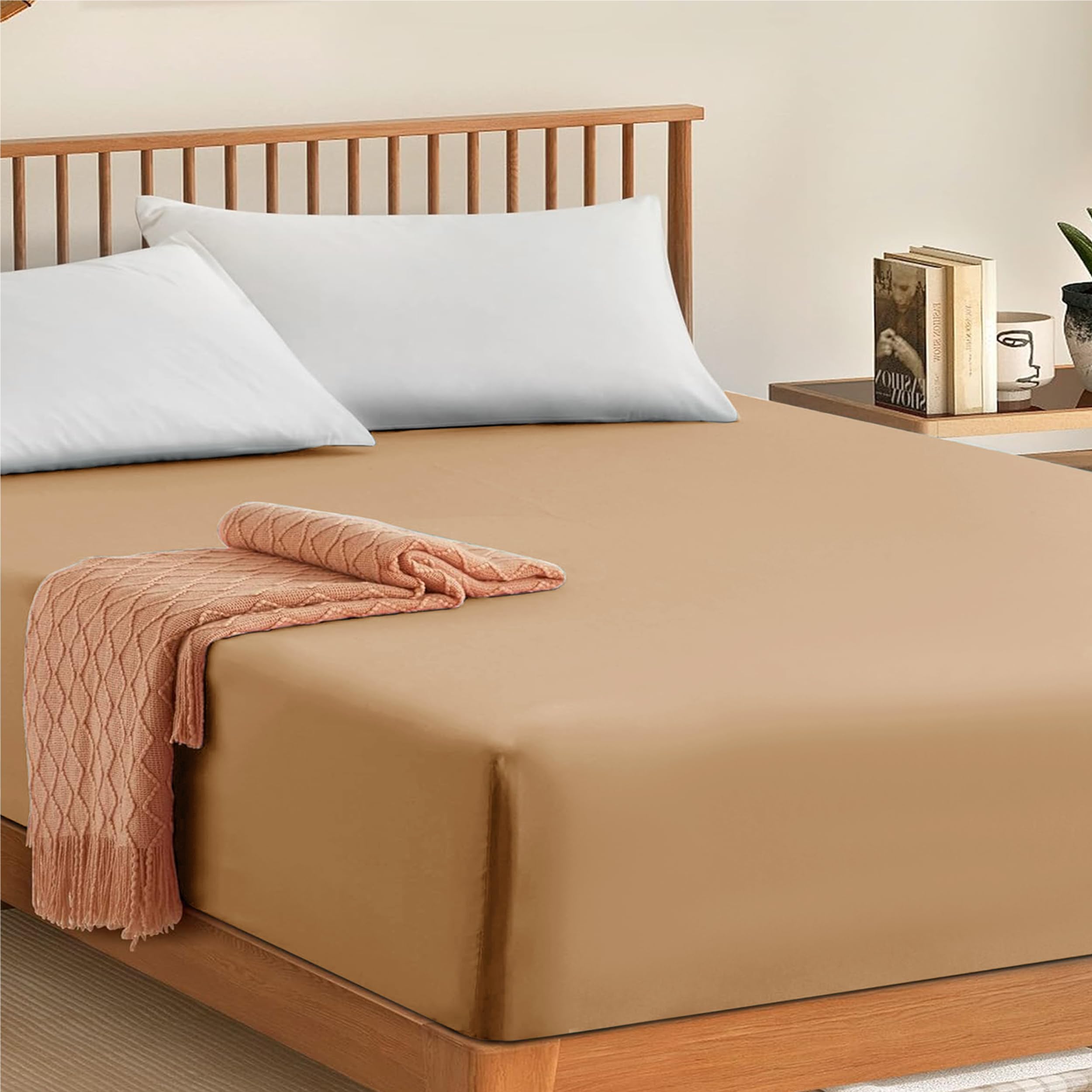 My Home Store Fitted Sheet 100% Egyptian Cotton 300TC Hotel Quality 30 cm Fitted Bedsheets (Beige, Double)