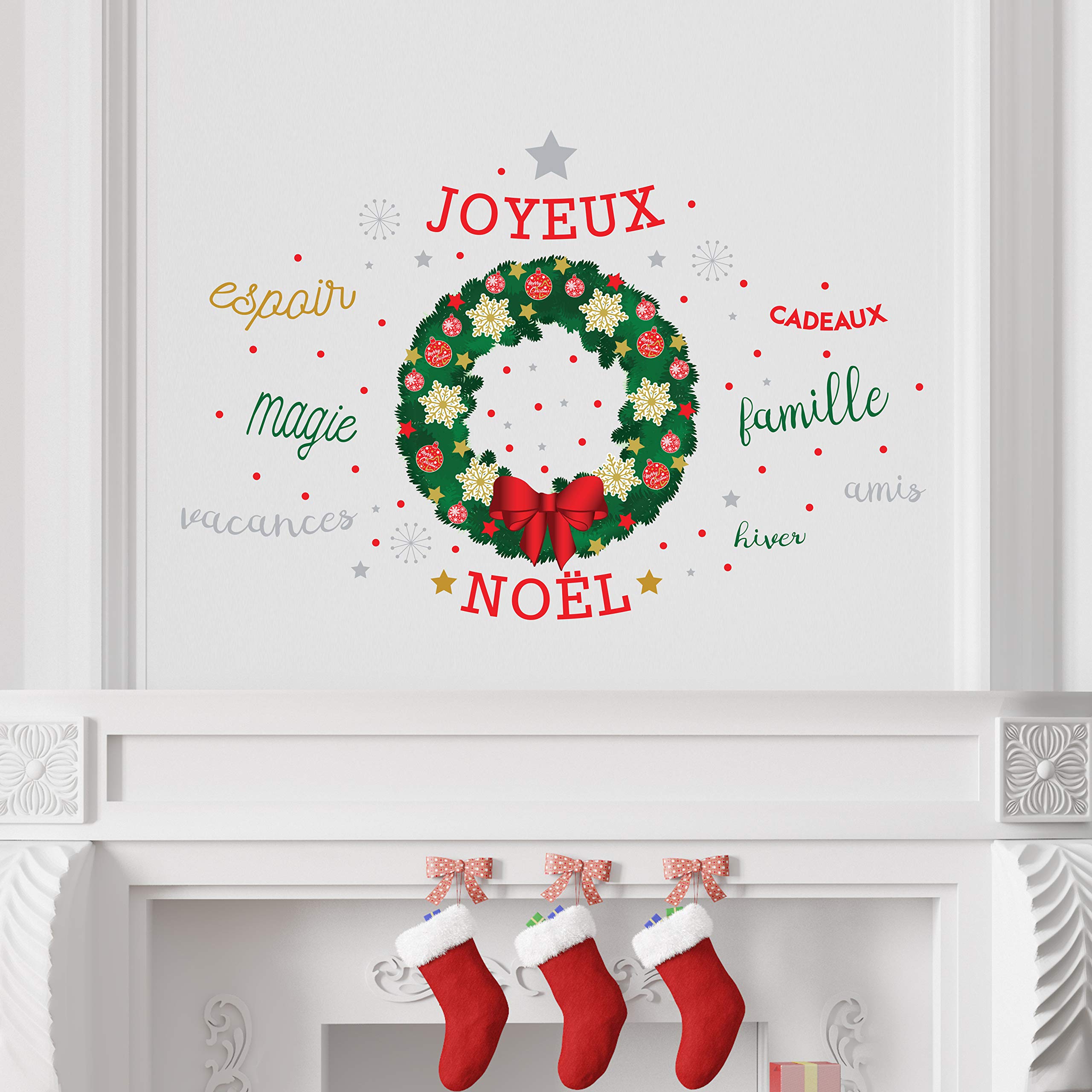 Wallflexi Christmas Decorations Wall Stickers " Christmas Garland with French Quotes " Wall Murals Decals living Room Children Nursery School Restaurant Cafe Hotel Home Office Décor, multicolour