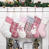 GEX Pink Plush Christmas Stockings for Family 20" Large Pink Plaid Xmas Stockings Classic Fireplace Decorations Hanging Ornament (6 Pack)