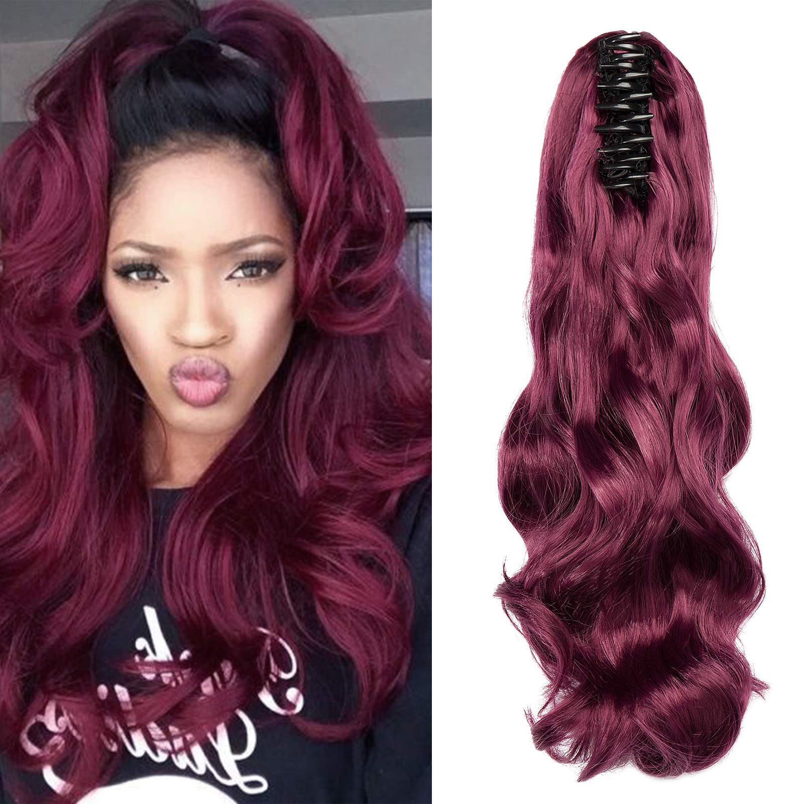 Cybelleza Ponytail Extension Curly Wavy Claw Jaw Pony Tail One Piece Clip in Hair Extensions Hairpiece Synthetic Long Natural for Women (Wine Red) — image 1