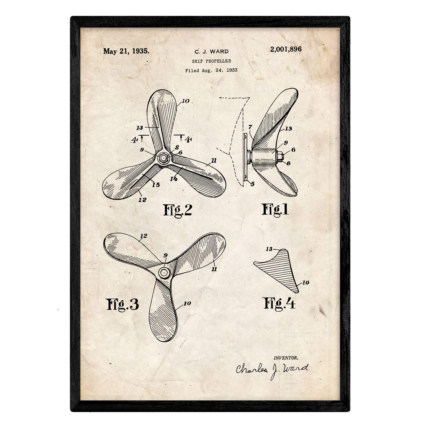 Nacnic Poster patent boat propeller. Sheet with old design patent in A3 size and vintage background