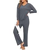 PrinStory Womens Pajama Sets Long Sleeve Lounge Set 2 Piece Pajamas Fall Winter Pjs for Woman Loungewear with Pockets