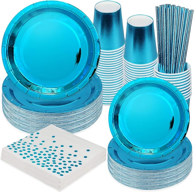 Larchio Blue Birthday Plates and Napkin Sets, Disposable