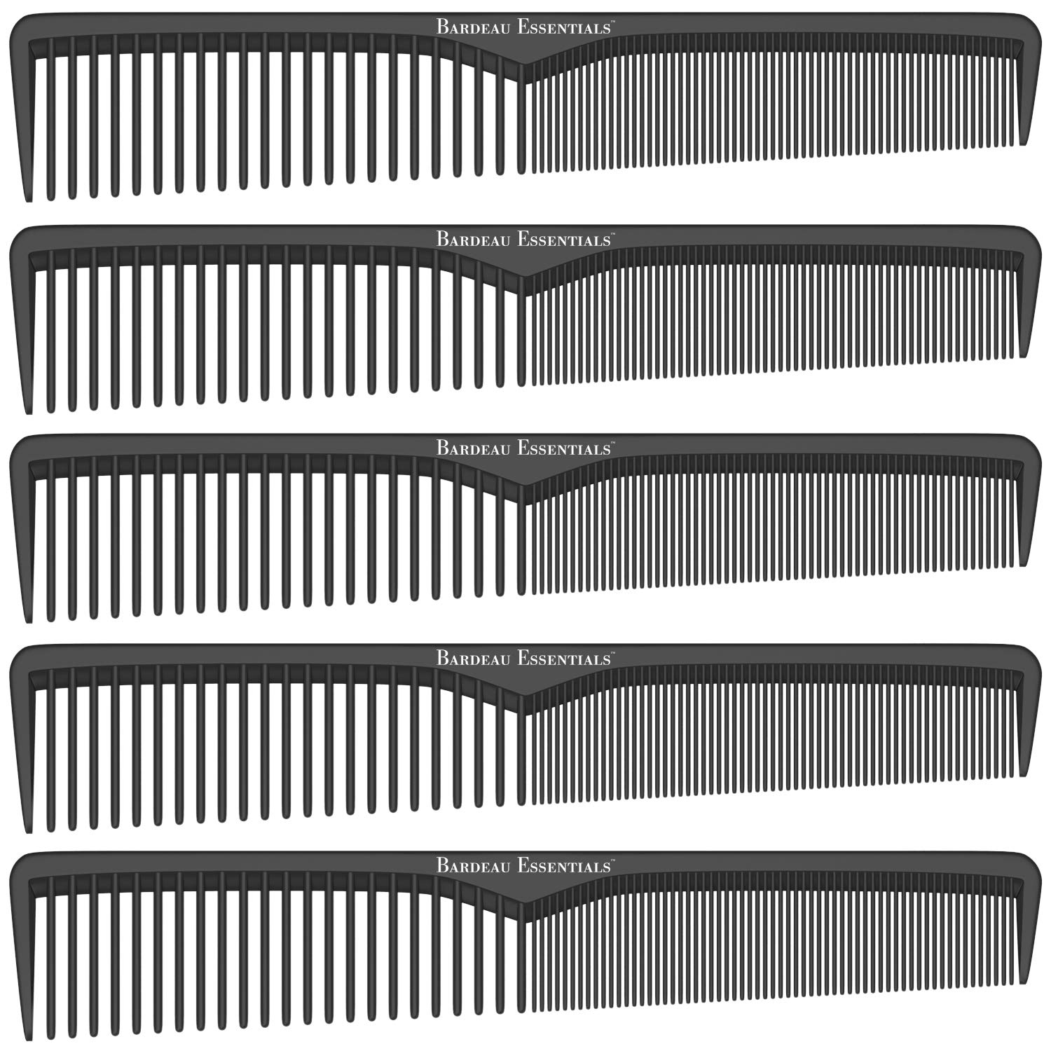 Styling Comb (5 Pack) | Professional 7 Inch Black Carbon Fiber Anti Static Chemical And Heat Resistant Comb For All Hair Types | Fine and Wide Tooth Comb For Men and Women | By Bardeau Essentials