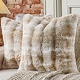 AmHoo Pack of 2 Throw Pillow Covers 3D Dense Faux Rabbit Fur Cozy Super Soft Fuzzy Set Case Cushion for Couch Sofa Bedroom 18 x 18-Inch Beige White
