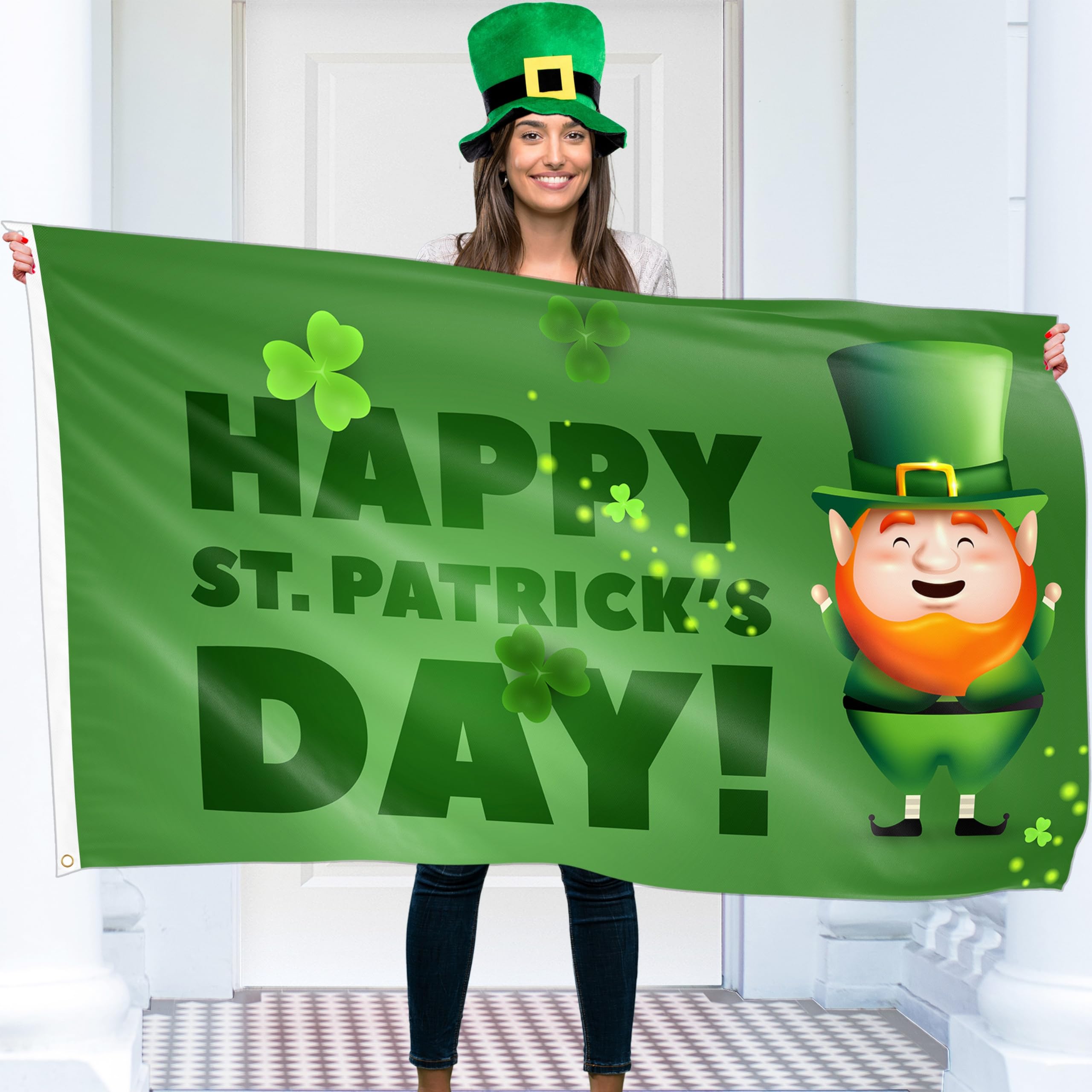 St Patricks Day Flag - St Patrick's Day Irish Ireland Decorations – Digital Print - 110Den Thick polyester - Double Seam - 2 brass eyelets, large 5ft x 3ft