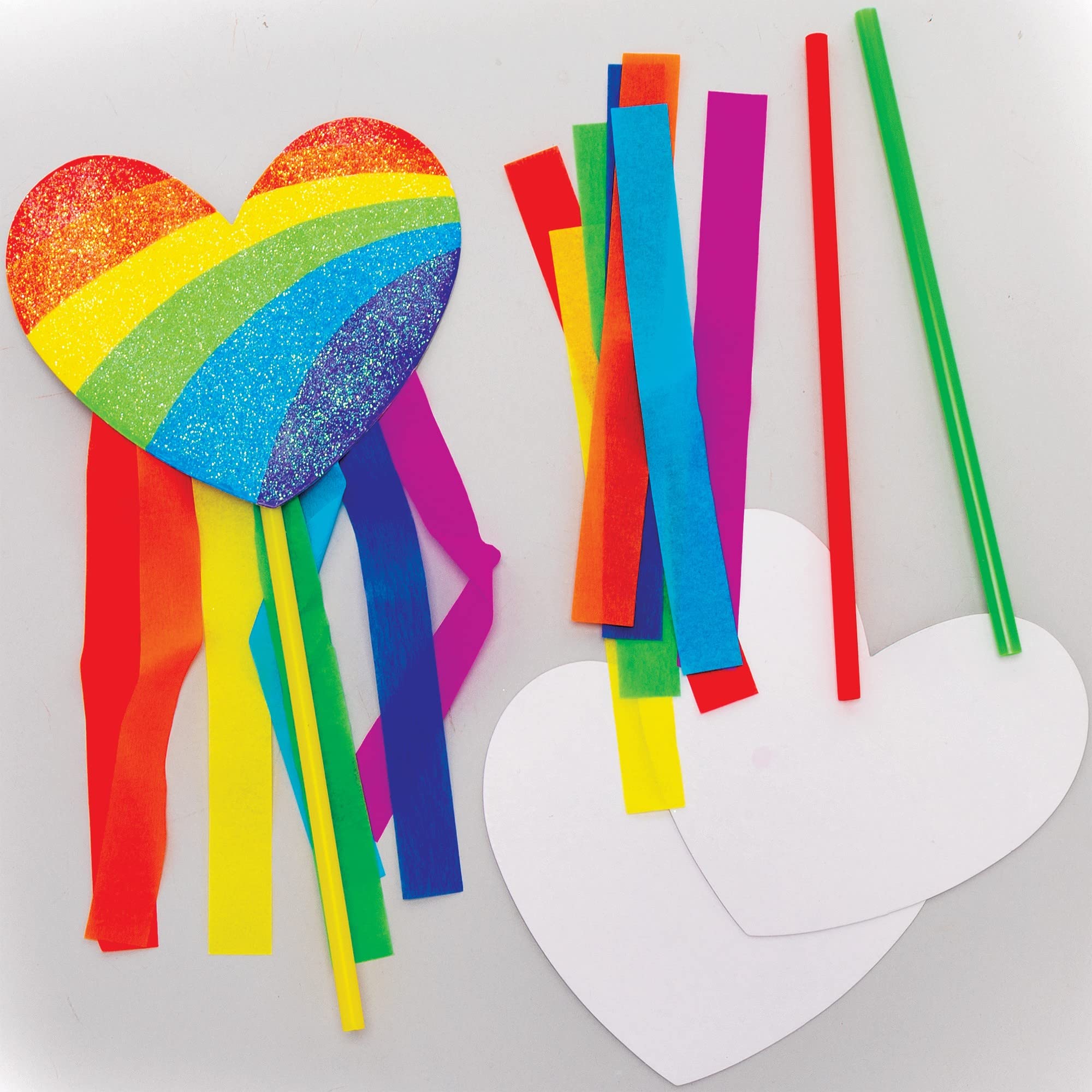 Baker Ross Rainbow Heart Wand Craft Kits - Pack of 8, Arts and Craft for Kids (FC443)