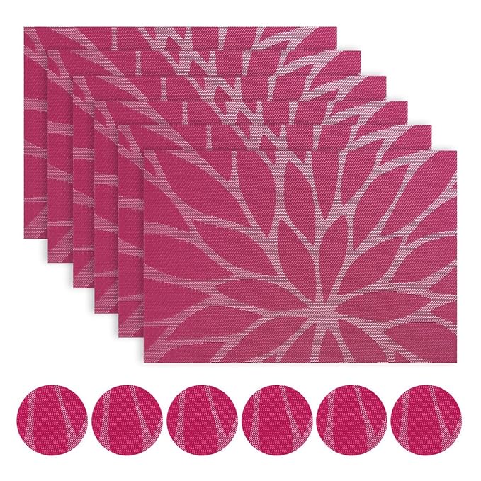 WaaHome Placemats and Coasters Sets of 6 Woven Vinyl Dining Table Placemat for Home, Kitchen
