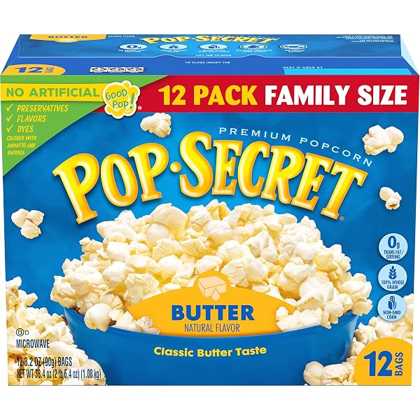 POP SECRET BUTTER MICROWAVE POPCORN 12CT (3.2OZ BAGS), 38.4OZ BOX (PACK OF 1)