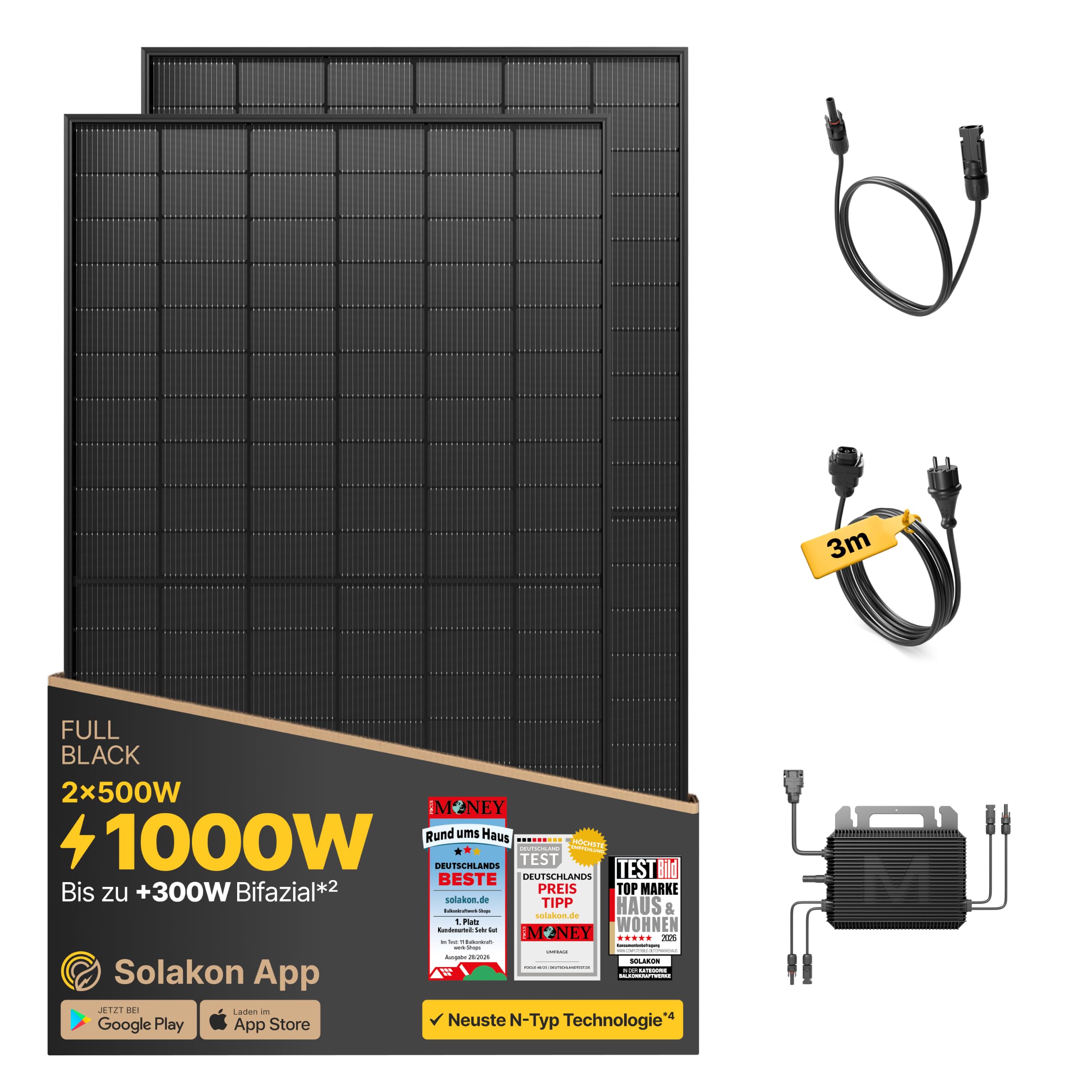 Solakon® 1000W Balkonkraftwerk - Balkonkraftwerk 800W komplett Steckdose - neuester 800 Watt Wechselrichter - Solaranlage Komplettset - 500W bifaziale Solarmodule inkl. Zubehör - 3m Kabel