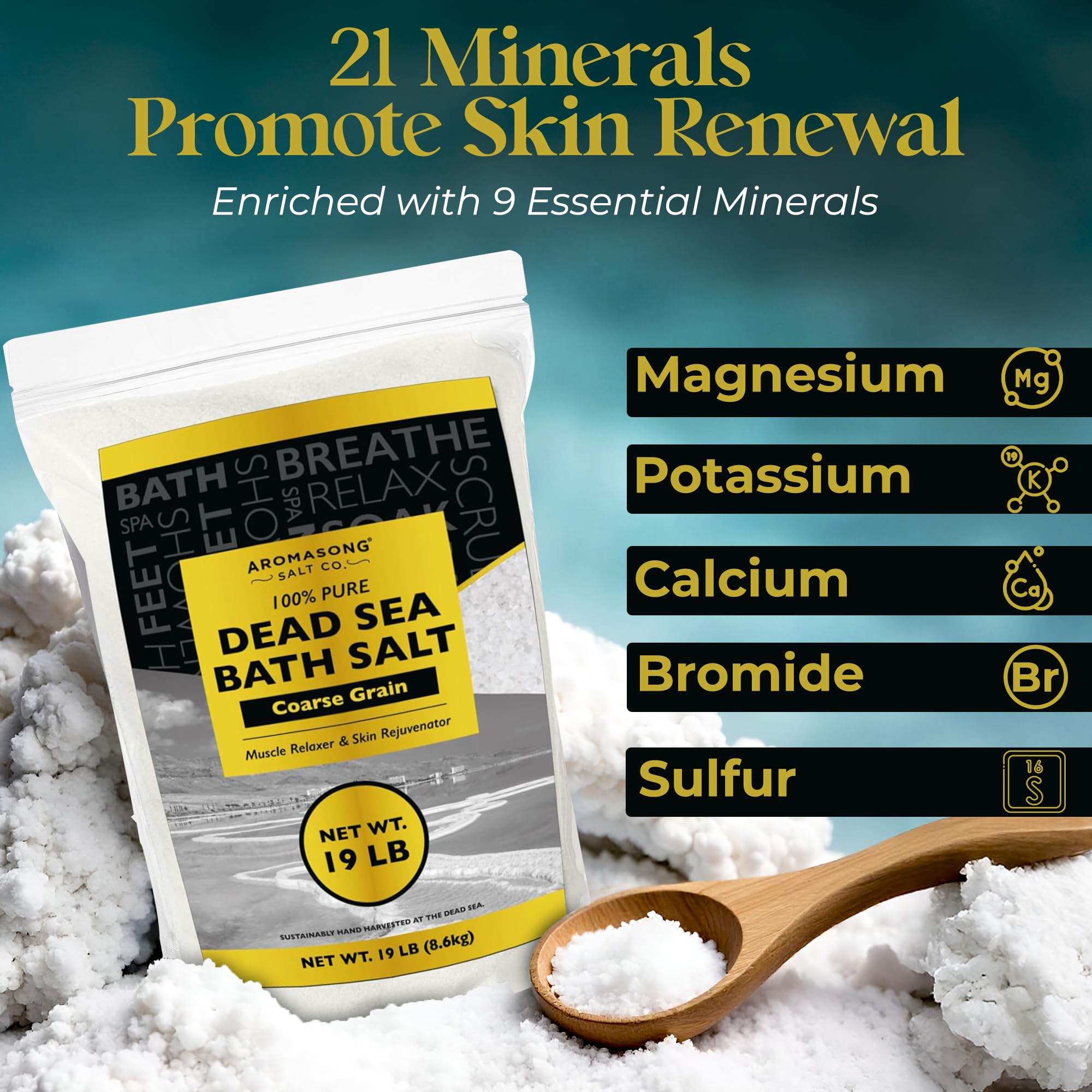 Aromasong Dead Sea Salt for Soaking - Coarse Grain Bath Salt Soak - 19 Lbs Bulk Resealable Pack - Leaves Your Skin Softer Then Epsom Salt