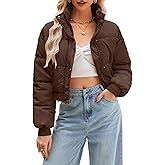 URMOSS Women's Cropped Puffer Jacket Long Sleeve Puffy Coat Winter Quilted Lightweight Jacket with Pockets Brown M