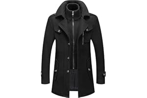 PRIJOUHE Men's Wool Blend Jacket Single Breasted Slim Fit Thick Winter Windproof Pea Coat with Removable Scarf