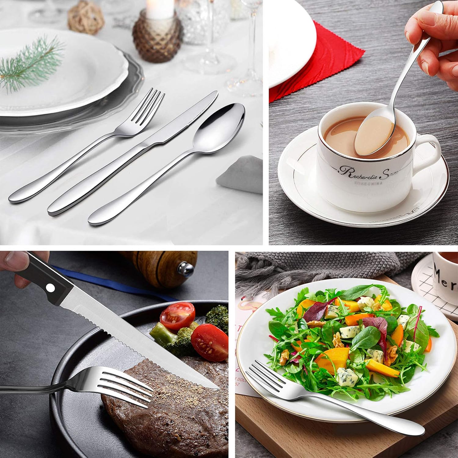  | LIANYU 48-Piece Silverware Set with Steak Knives, Stainless Steel Flatware Cutlery Set for 8, Eating Utensils Tableware Include Forks Knives Spoons, Dishwasher Safe: Flatware Sets