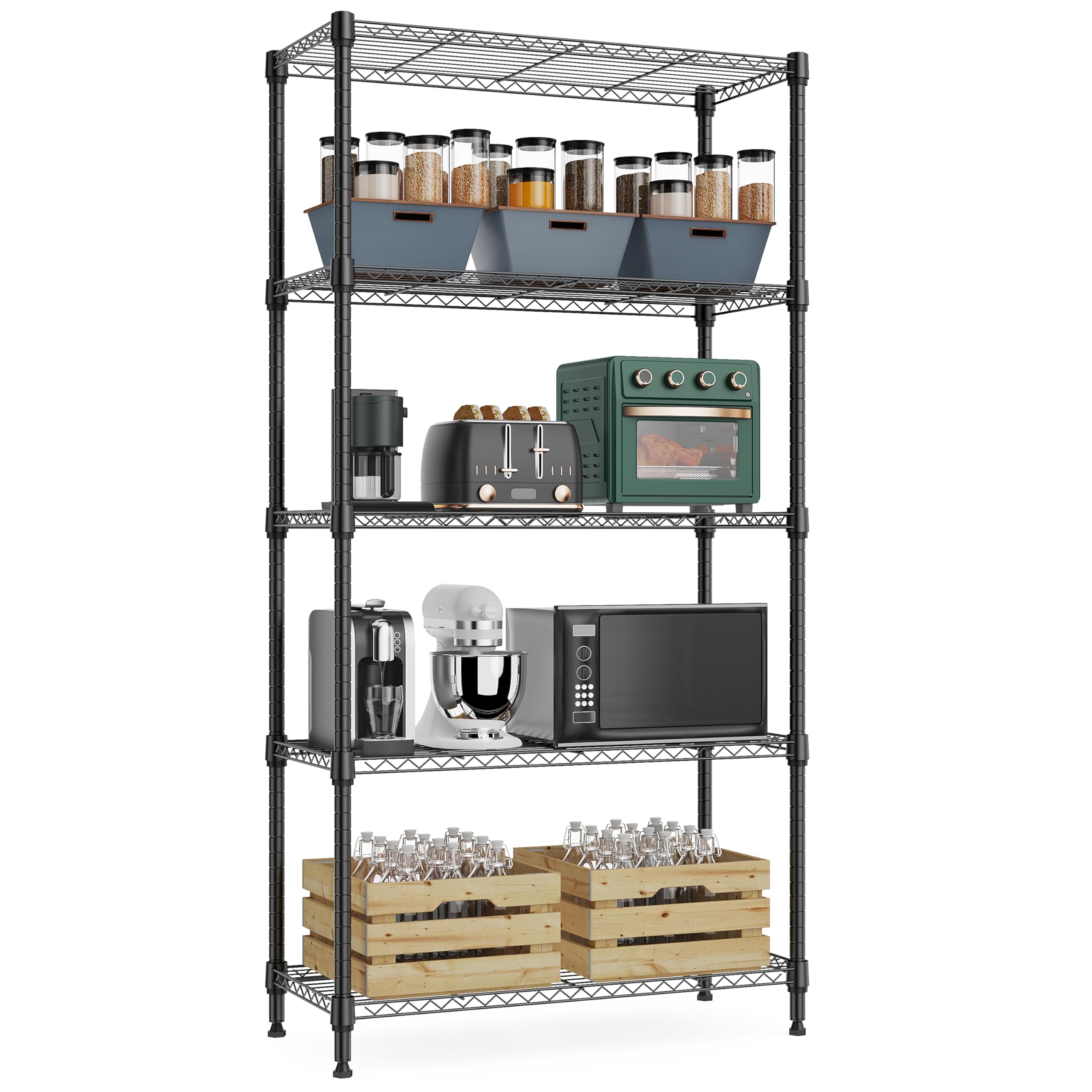 M MZG 1250 lbs 5 Tier Shelf Metal Storage Shelves Wire Rack Closet Organizers with Wheel for Garage Kitchen Bathroom Laundry Black 13.7" D x 23.6" W x 62.4" H Image