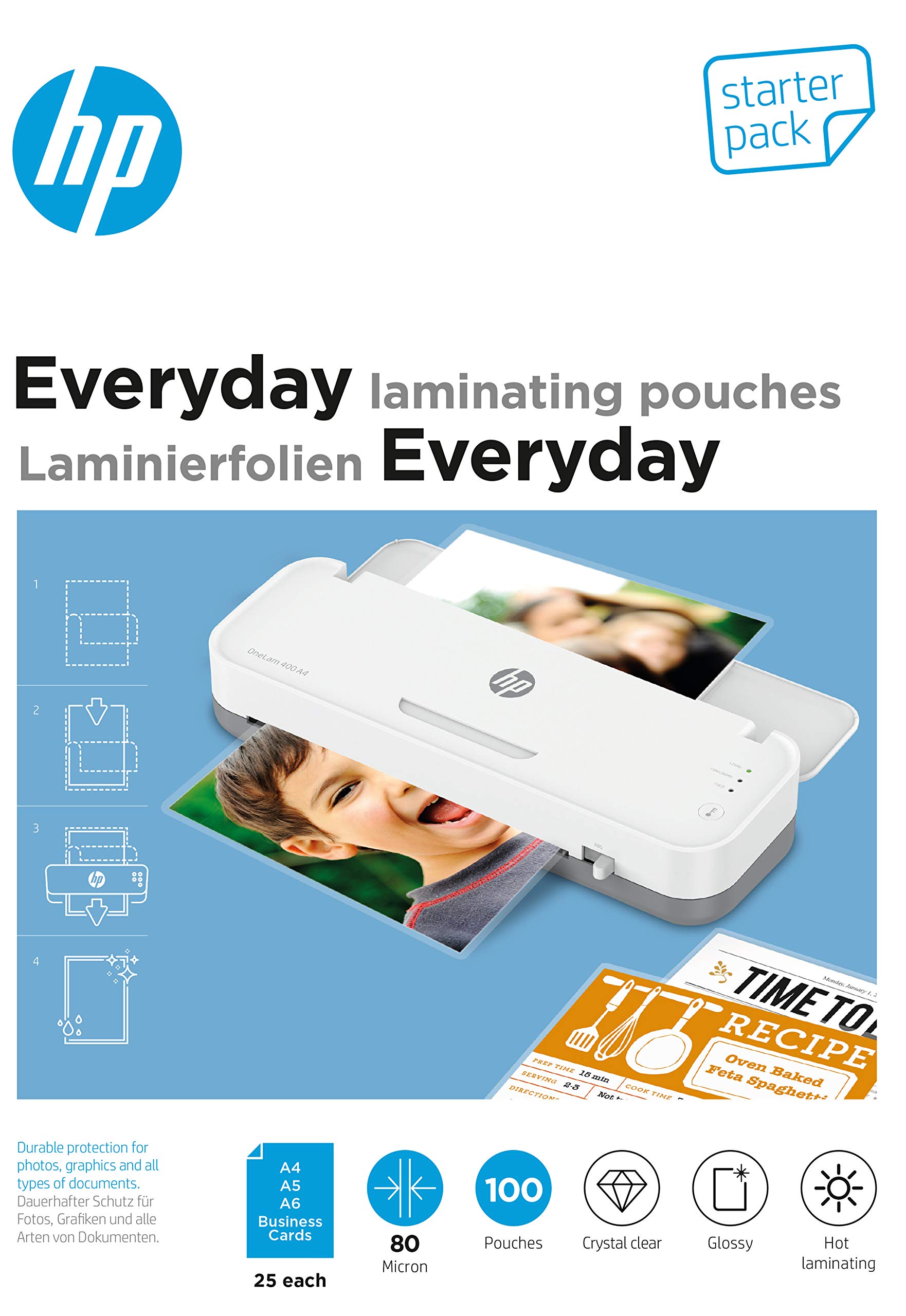HP Everyday Laminating Pouches Starter Kit 80 Micron Glossy Transparent Hot Laminating Pouches Pack of 100 9158