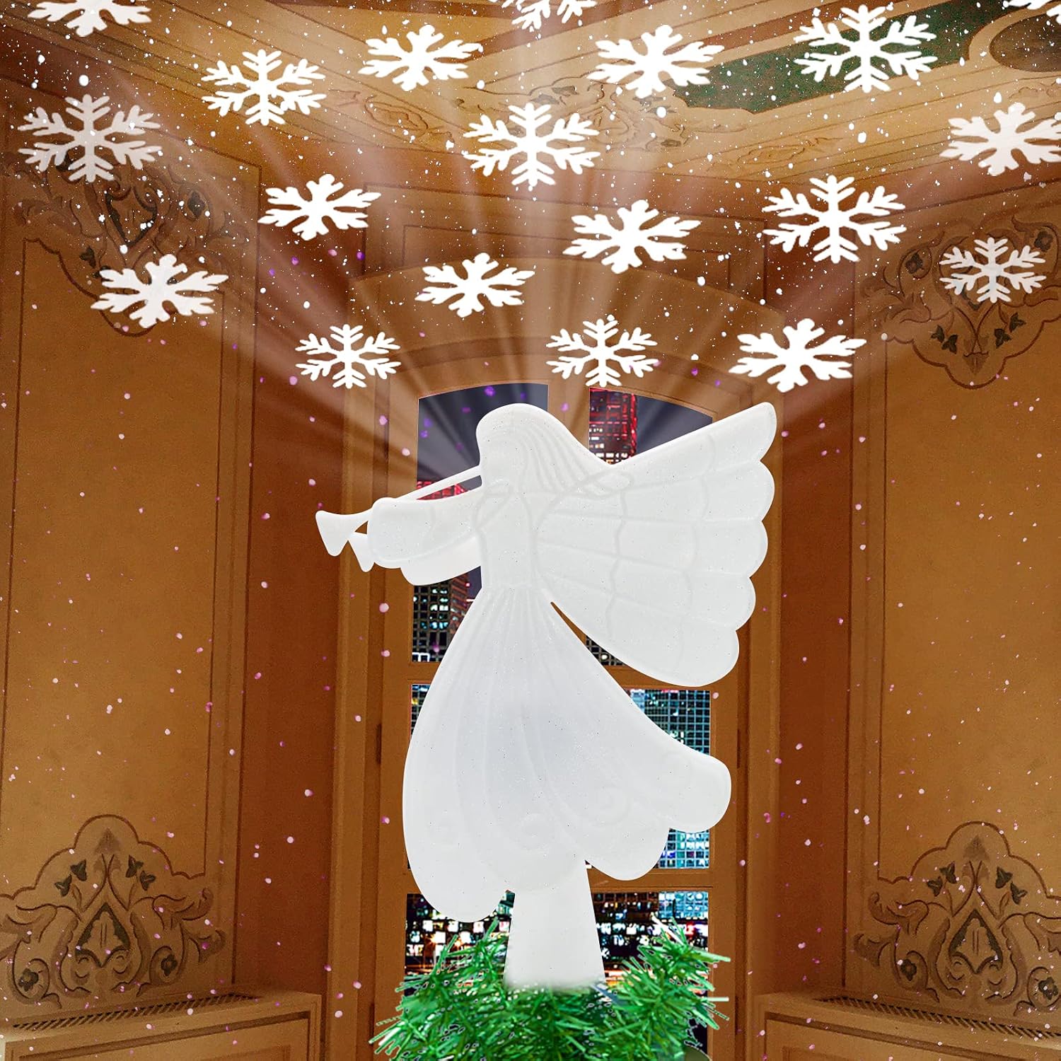Tree Toppers - Christmas Angel Tree Topper with Built-in Led Snowflake Projector Lights, Christmas Decoration, Led Angel Tree Topper Projector Lights for Christmas Tree Decorations, Holiday Decoration (White)