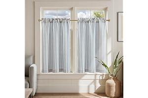 jinchan Striped Linen Kitchen Curtains 36 Inches Length Tier Curtains Farmhouse Modern Cafe Style Small Window Treatments Airy Light Filtering Rod Pocket for Living Room Bathroom 2 Panels Blue