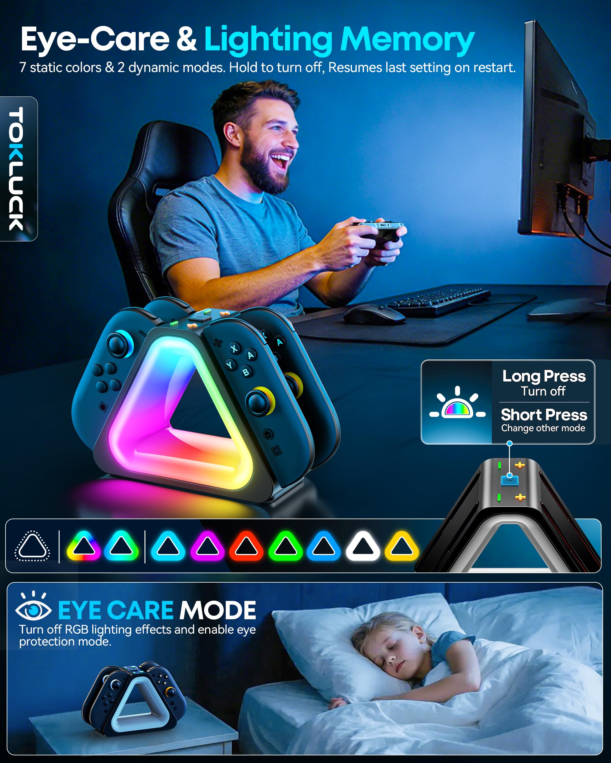 Tokluck Ladestation für 2025 Nintendo Joy Con 2, Schnelle Switch 2 Joy Con Magnetische Ladestation mit 7 Lichtmodi, Erweiterte Controller Ladegerät für Nintendo Switch 2 Zubehör 3