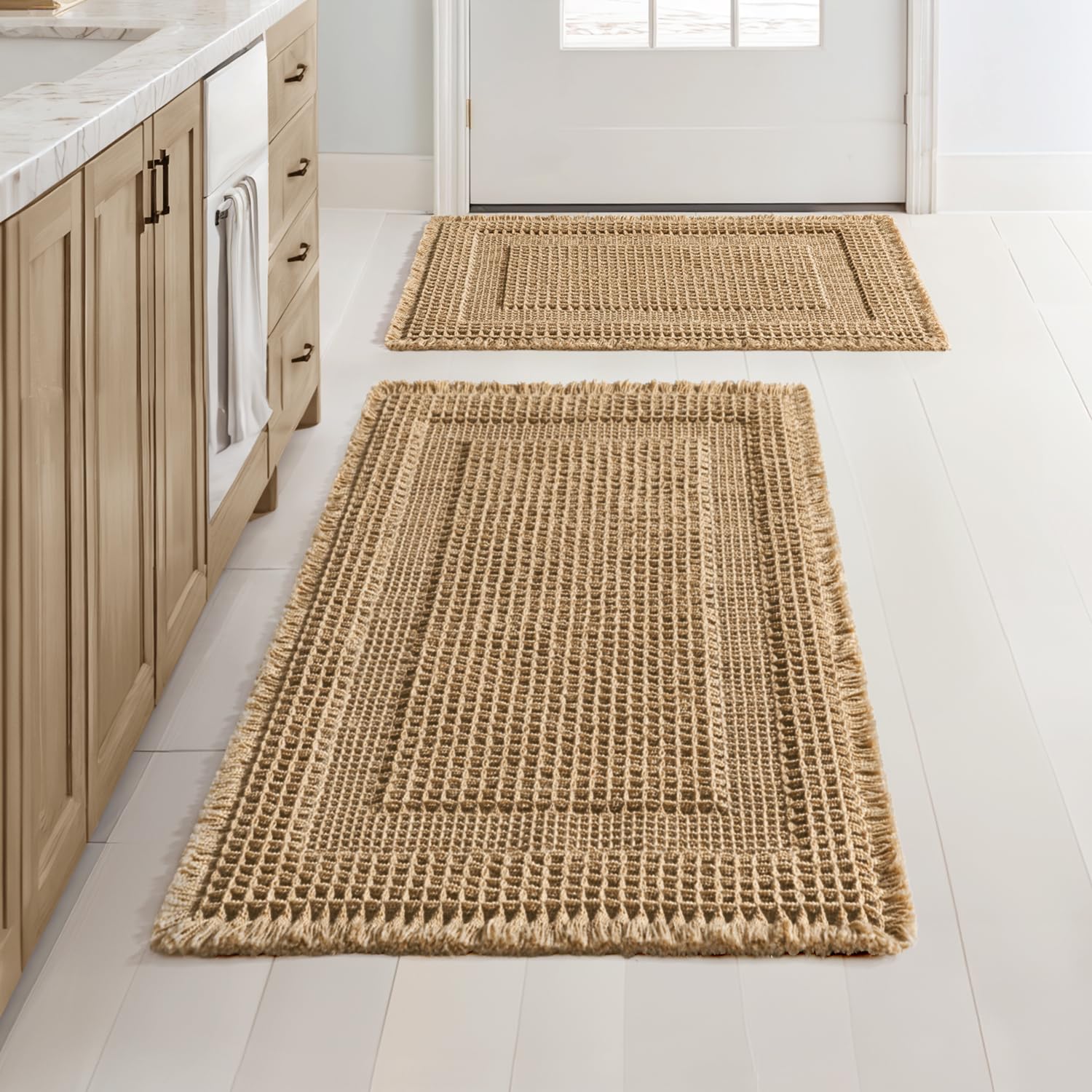 Photo 1 of MIULEE Set of 2 Waffle Bathroom Rugs, Boho Bath Rug Super Absorbent, Non Slip Washable Ultra Soft Rubber Backed Shower Bath Mats for Floor, Tub, Shower, Looped Design, Brown, 17"x24"+18"x30"