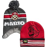 Nintendo Boys' Super Mario Bros. Winter Hat - 2 Pack Super Mario Pom Pom Beanie (4-7), Size Age 4-7,
