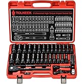 Tolneek 63-Piece 1/2" Drive Impact Socket Set, SAE (3/8 to 1 inch) and Metric (10-24mm) Socket Wrench Set with Extension Bars, Palm Ratchet Kit, CR-V Steel for Auto/Industrial Repairs