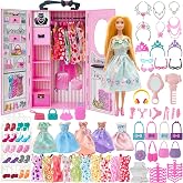 122 Pcs Doll Closet Playset with 11.5 Inch Dolls, Clothes and Accessories, Include Wardrobe Princess Dresses Shoes Bags Hangers Other Accessories, Dress Up Toys for Girls, Kids, Toddlers (Pink)