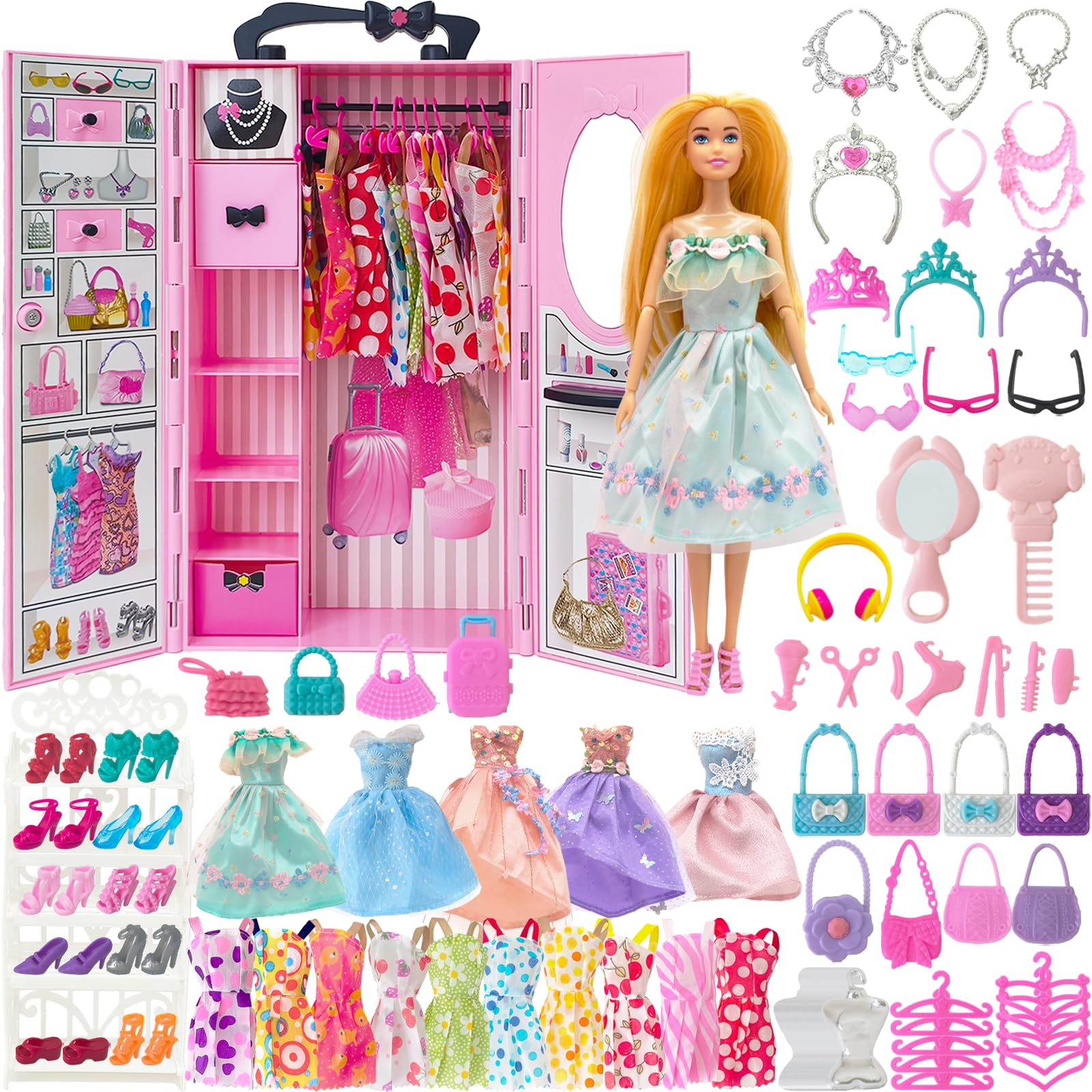 Yutoy 122 Pcs Doll Closet Playset with 11.5 Inch Dolls, Clothes and Accessories, Include Princess Dresses Wardrobe Shoes Bag Shoe Rack Other Accessories, Dress Up Toys for Girls, Kids, Toddlers (Pink)
