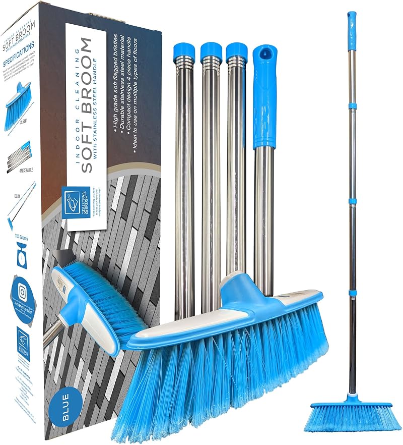 TDBS Soft Broom Indoor Sweeping Brush with Stainless Steel Handle Blue