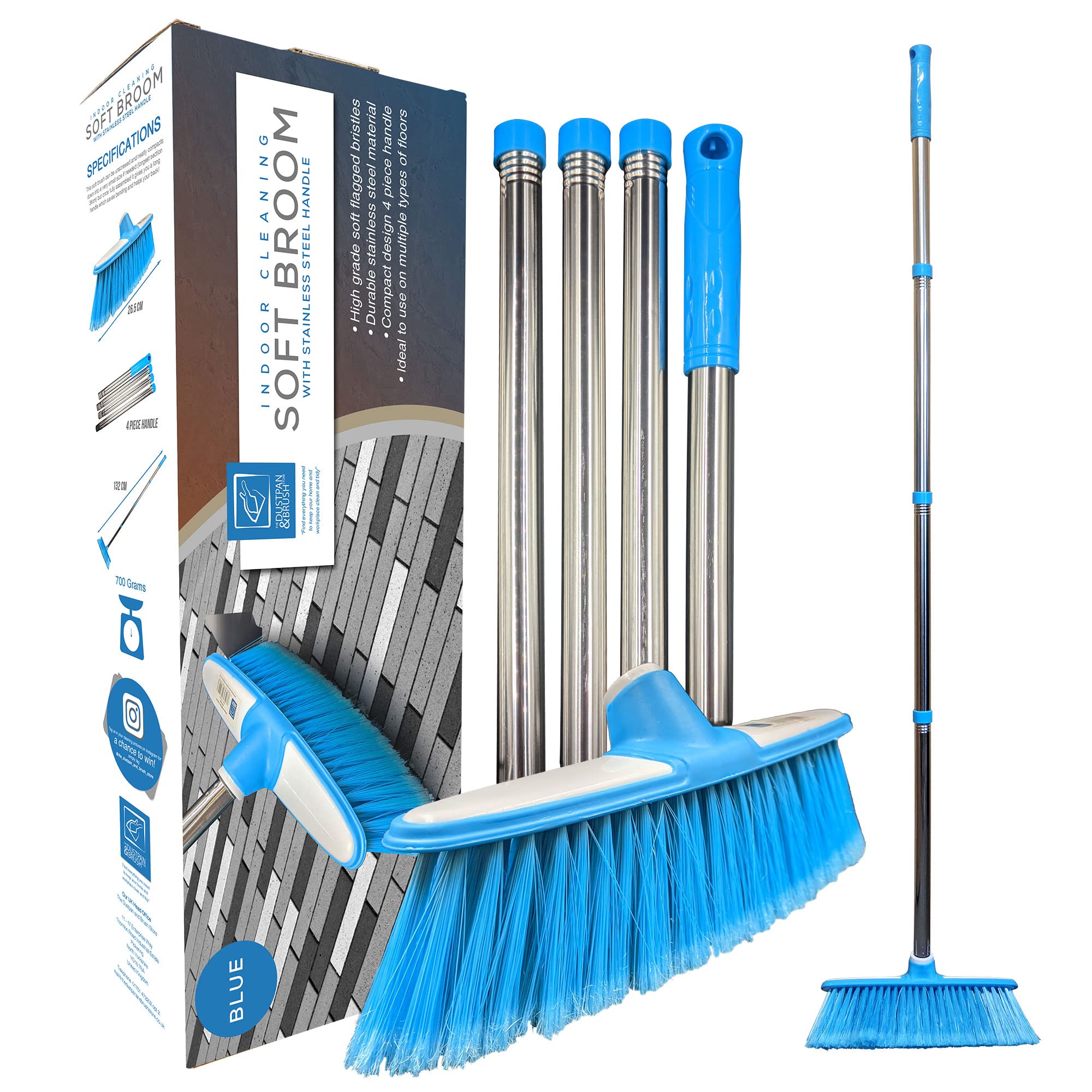 Soft Broom Indoor Sweeping Broom Brush with Stainless Steel Handle - The Perfect Indoor Sweeping Kitchen Floor Brush Broom for Your House - The Long Handled Sweeper (Blue)