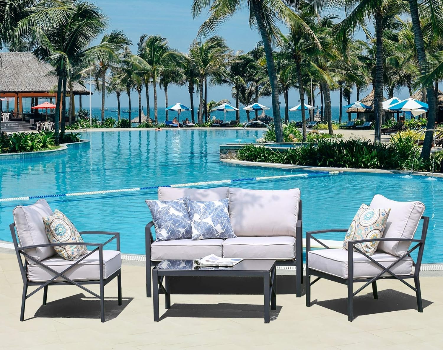 Creative Living 4 Piece Patio Furniture Conversation Set Northwind All Weather Outdoor Loveseat Sofa 2 Chairs Table w/Cushions, Beige, Begie : Garden & Outdoor