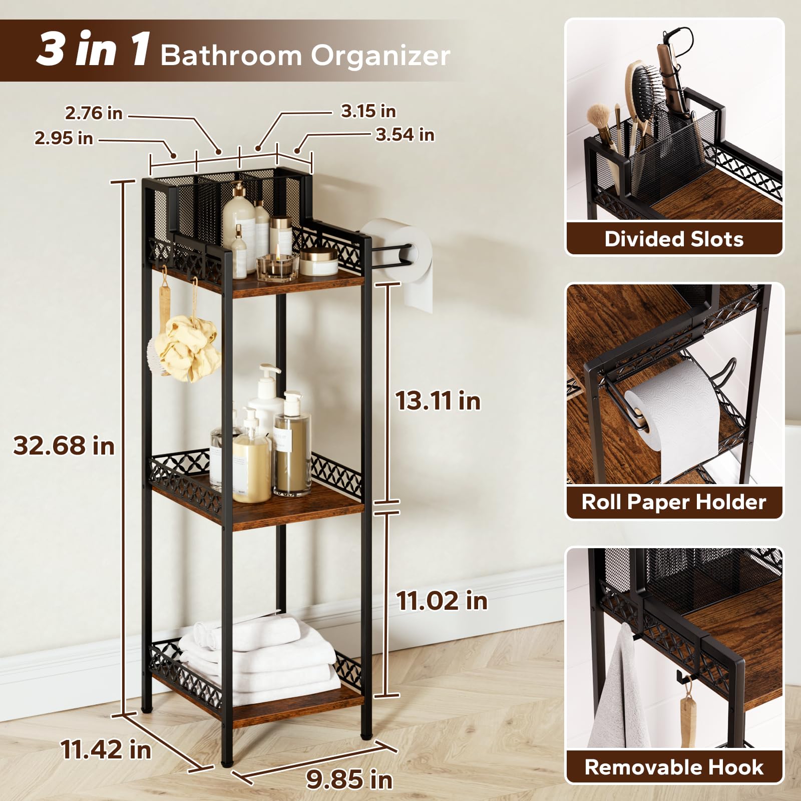 FURFUN 3-Tier Bathroom Storage Shelf Organizer with Toilet Paper Holder, Slim Metal Stand for Hair Tools, Toiletries, Kitchen, Bedroom, Office, Laundry Room, Small Spaces