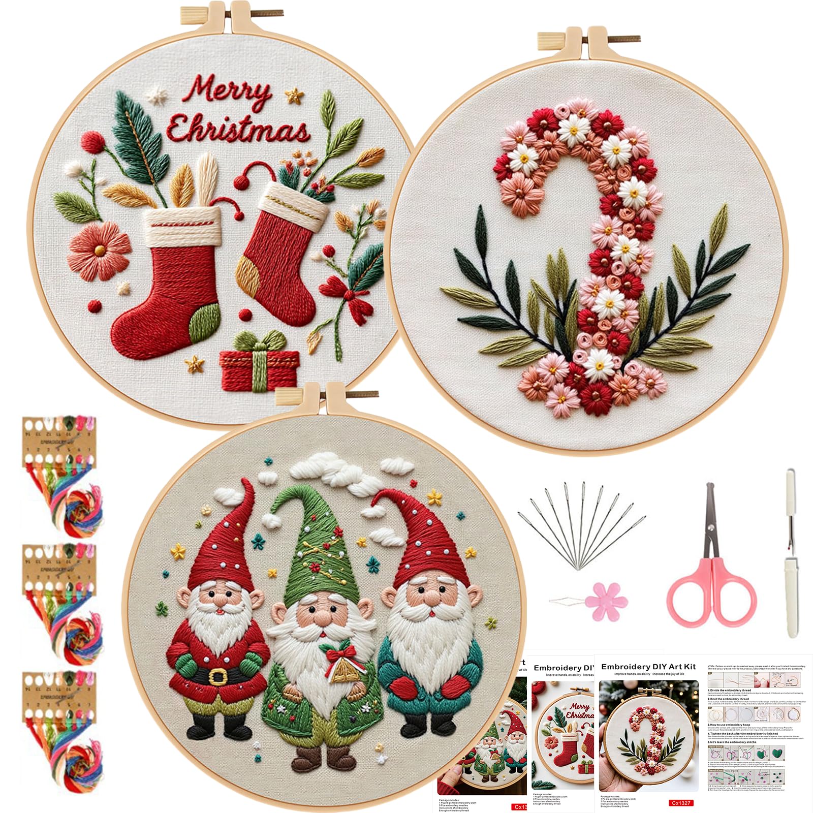 Smart-Feather 3 Sets Holiday Embroidery kit for Beginners, Hand Embroidery Kits for Adults with Hoop, DIY Art Project Craft Kit (Season)