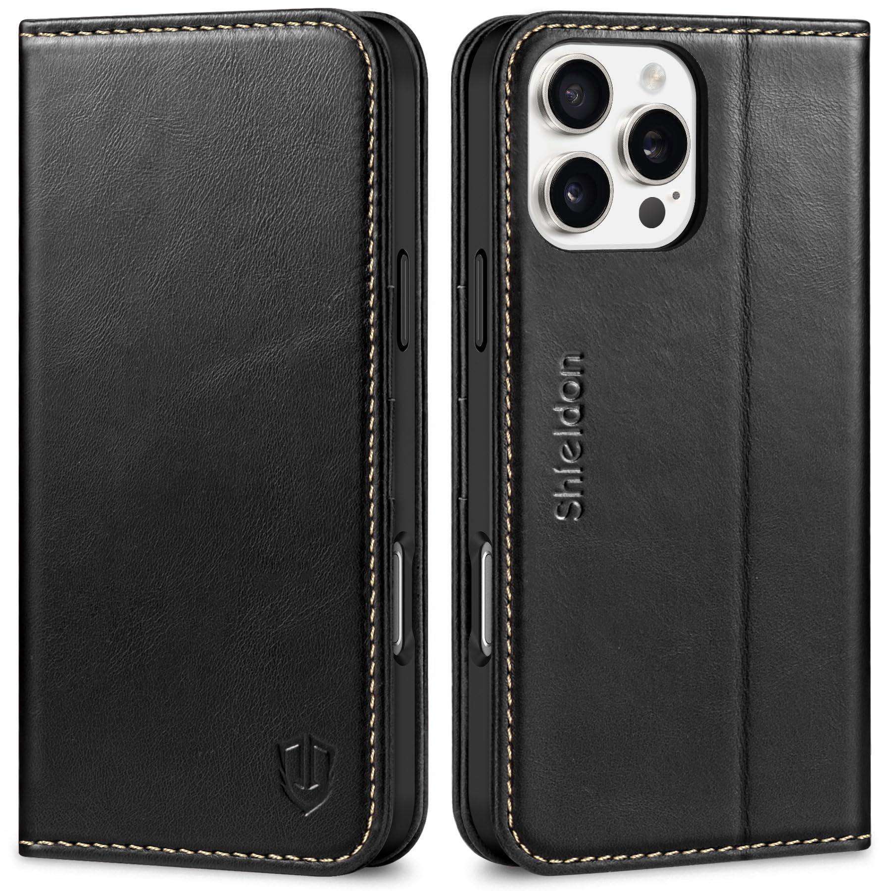 SHIELDON Case for iPhone 16 Pro Max 6.9", Genuine Leather Wallet Case with [Card Slot][Kickstand][RFID Blocking][Shockproof TPU Shell] Protective Case Compatible with iPhone 16 Pro Max - Retro Black