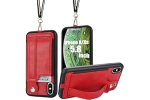 TOOVREN iPhone X/Xs Wallet Case Phone Lanyard Neck Strap iPhone Xs / 10 Protective Case Cover with Stand Leather PU Card Holder Adjustable Detachable iPhone Lanyard for Anti-Theft and Activity Red