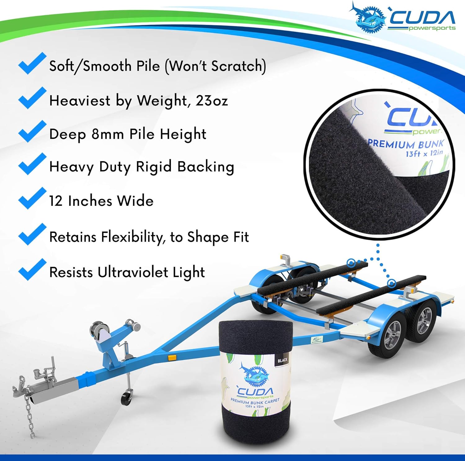 Cuda Powersports Trailer Bunk Carpet for Boat Trailers and Boat Lift; 23oz Marine Carpet 13 feet x12 inch - Premium Marine Carpet for Boats, Boat Trailer bunks, Jet ski Trailer ramps : Sports & Outdoors