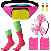 ZhouBoat 5Pcs 80s Accessories for Women Neon Costume Set with Fanny Pack Hairband Fishnet Gloves Earrings Socks for Halloween