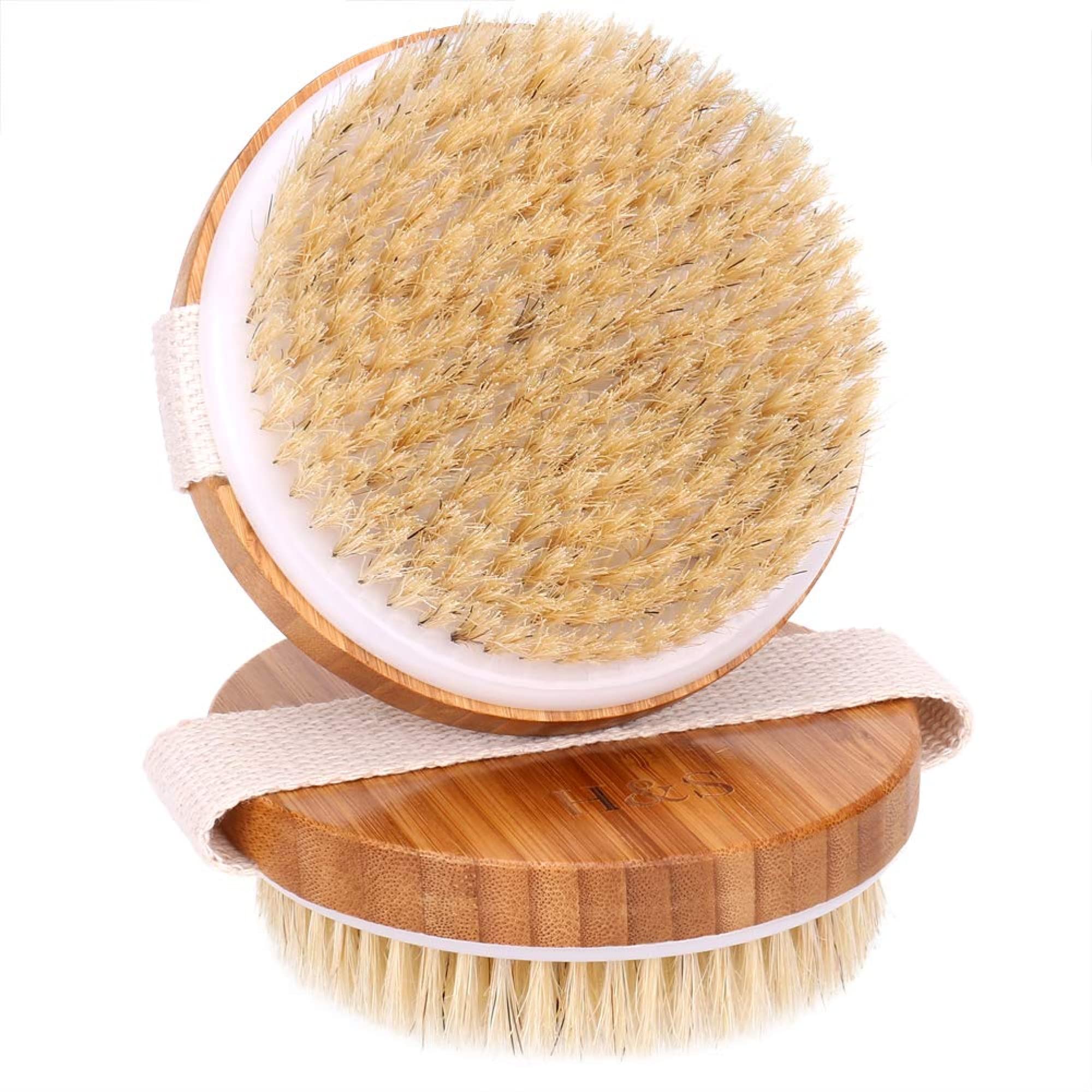 H&S 2pcs Dry Brush Set - Dry Brushing Body Brush - Exfoliating Body Scrub with Natural Bamboo & Bristle - Use in Bath Shower - Drybrush Exfoliator for Soft Skin Face Legs Women