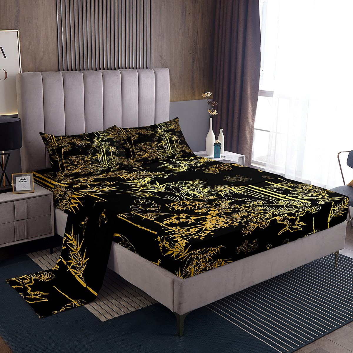 Loussiesd Black Gold Sheet Set Single Size For Boys Girls Bamboo Bedding Set Eastern Botanical Decorative Bed Sheet Set Men Adult Oriental Gift Fitted Sheet Bright Colour 4Pcs with 2 Pillow Case — image 1