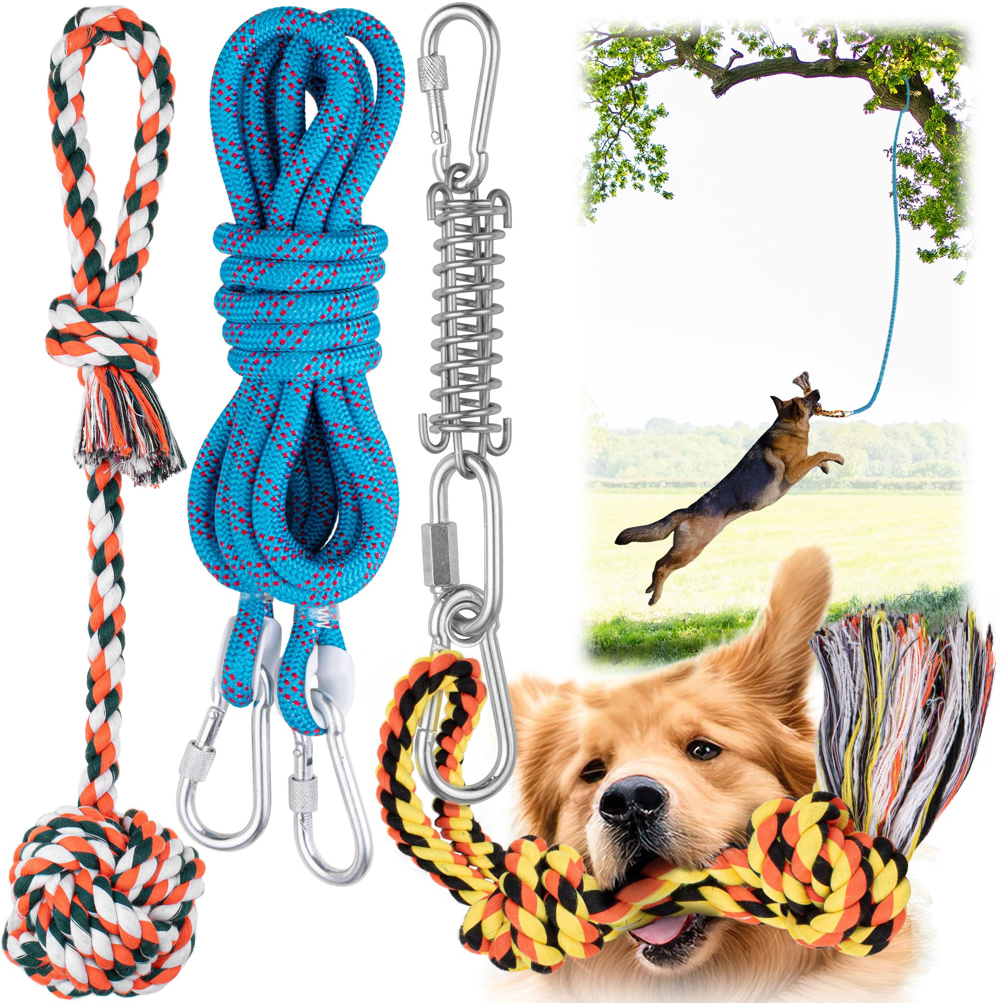 YES4QUALITY Dog Outdoor Bungee Hanging Toy, Blue Interactive Tug Toy Rope w/Metal Spring Kit & 2 Rope Toys, Heavy-Duty Exercise Equipment for Medium & Large Dogs, Tether Tug of War Dog Toys