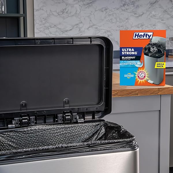 HEFTY ULTRA STRONG TRASH BAGS, BLACK TALL KITCHEN TRASH BAGS 13 GALLON SIZE, BREAK RESISTANT DRAWSTRING ENCLOSURE, CONTINUOUS ODOR CONTROL, BLACKOUT, CLEAN BURST SCENT, 110 BAGS