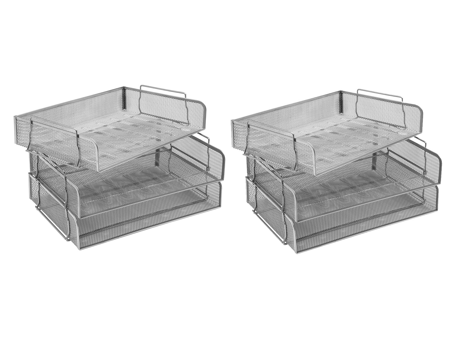OSCO Wiremesh Stackable Letter Tray Landscape, Scratch-Resistant Metal Desk File Organiser for A4 & Foolscap Paper, Side-Load Design, High-Density, 6 Pack, Silver