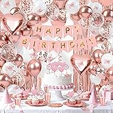 Sweet Rose Gold Birthday Party Decorations pack for Girls,Women-Happy Birthday Banners,Curtains Cake Topper decor,12pcs Butterfly,Plates Cups Napkins Straws for 25 Guest & More