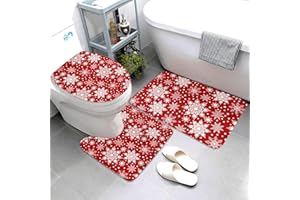 Jbofyee Winter Snowflakes Red 3 Piece Bathroom Rugs Set, Bath Mat + Contour Mat + Toilet Seat Cover, Non-Slip Soft Microfiber Christmas Bathmat for Tub Shower Room Decor, Machine Washable