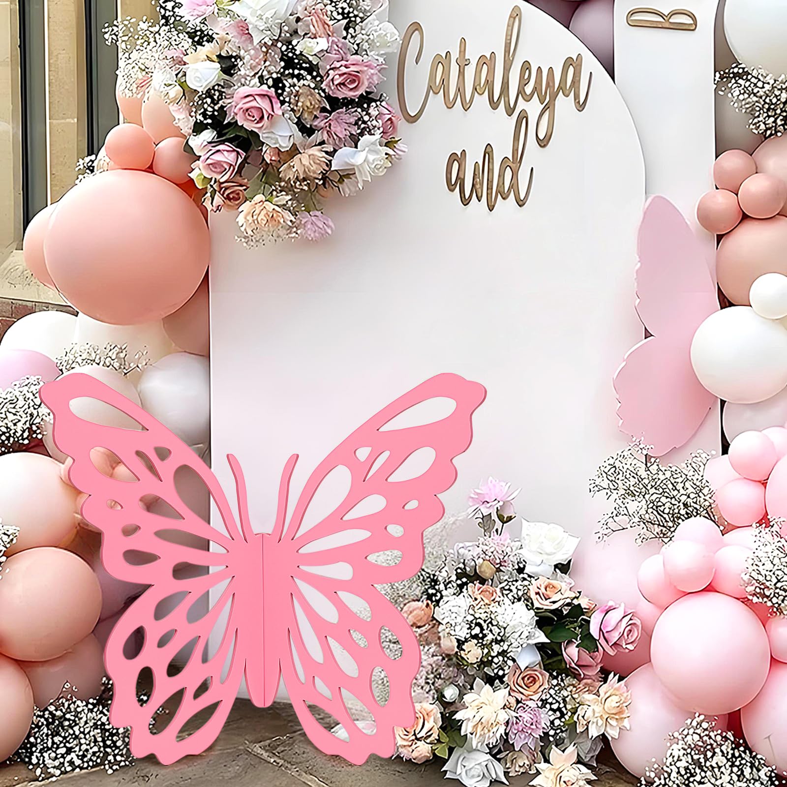 Photo 1 of MASTRON Wooden Butterfly Props - 3D Butterfly Shape Slices Craft Standing Wings Cutout Backdrop Decoration for Birthday, Baby Shower, Wedding Party (Pink)
