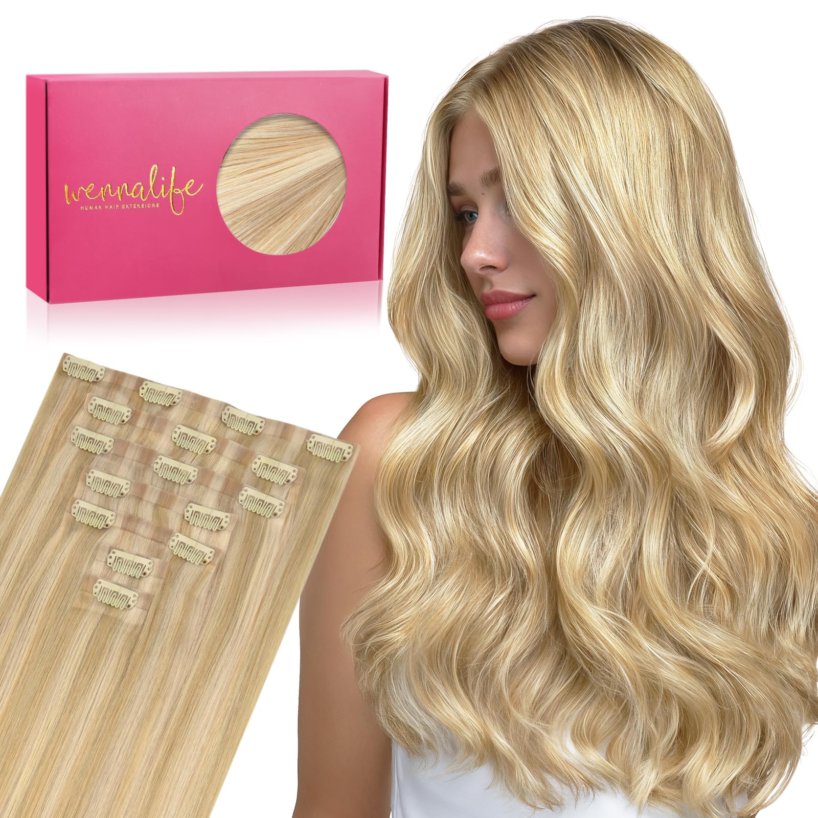 Wennalife Seamless Clip In Hair Extensions, 14 Inch 7pcs 130g Light Blonde Highlighted Golden Blonde Hair Extensions Clip In Real Human Hair Extensions Clip In Invisible PU Weft Human Hair Extensions — image 1