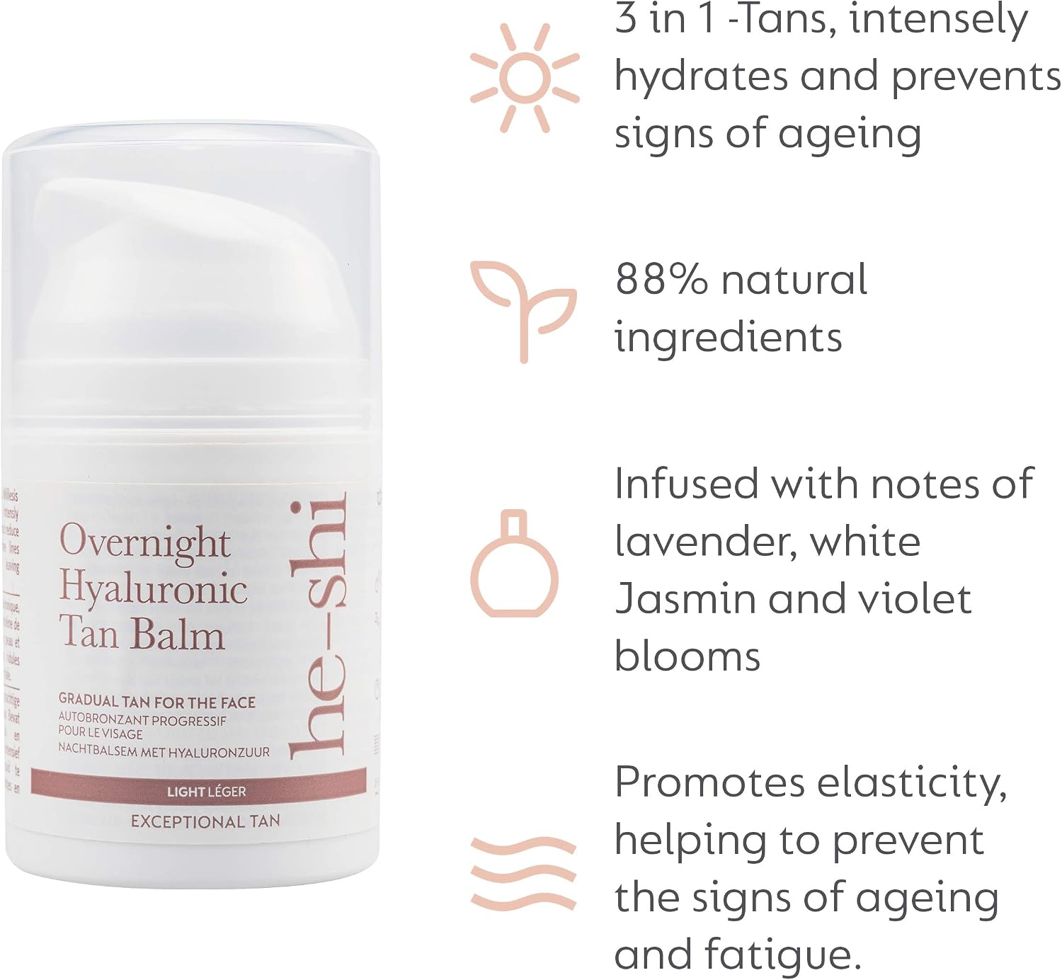He-Shi Gradual Face Tan, Overnight Hyaluronic Tan Balm, Anti-Ageing Gradual Tanning Moisturiser, Hydrating & Firming - Image 3