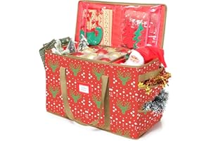 GOTECH Christmas Ornament Storage Box,Super Rigid 2-in-1 Christmas Storage Container with Dividers Perfect for Holiday Decorations,Keeps 73 Holiday Ornaments,Adjustable Dividers(Red)