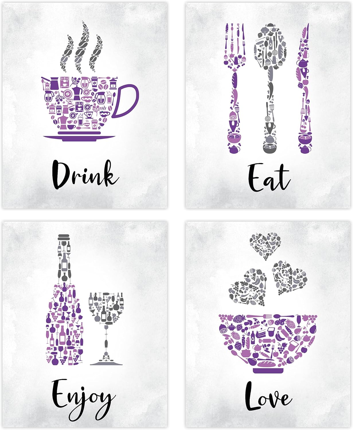 Purple Kitchen Wall Art Decor - Set of 4 Unframed Prints (8x10 Inch) Purple Kitchen Accessories Living Dining Room