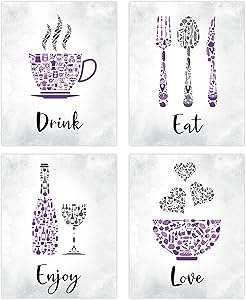 Purple Kitchen Wall Art Decor - Set of 4 Unframed Prints (8x10 Inch) Purple Kitchen Accessories Living Dining Room